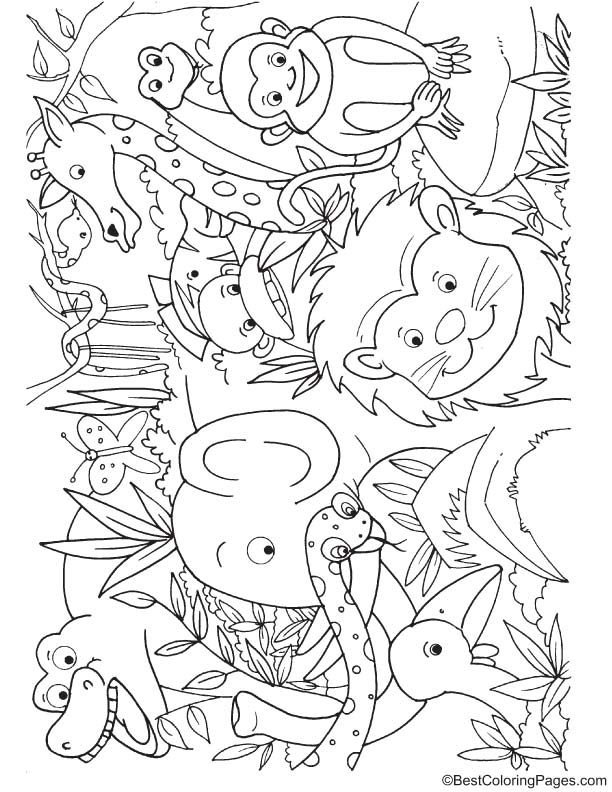 Animals in jungle coloring page Animals in jungle coloring page